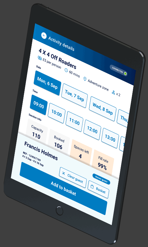 Team App: an activity booking screen on a tablet