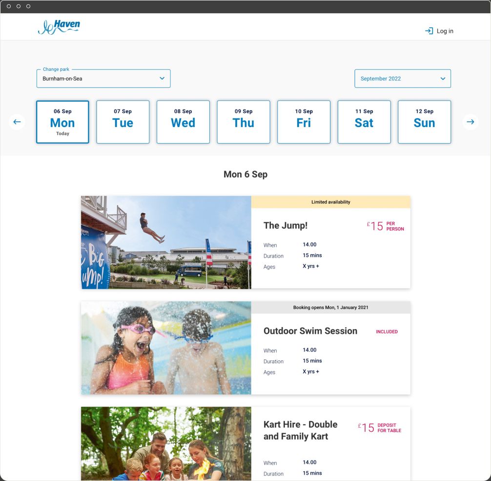 Experience: the Haven What's On web page, with the booking search