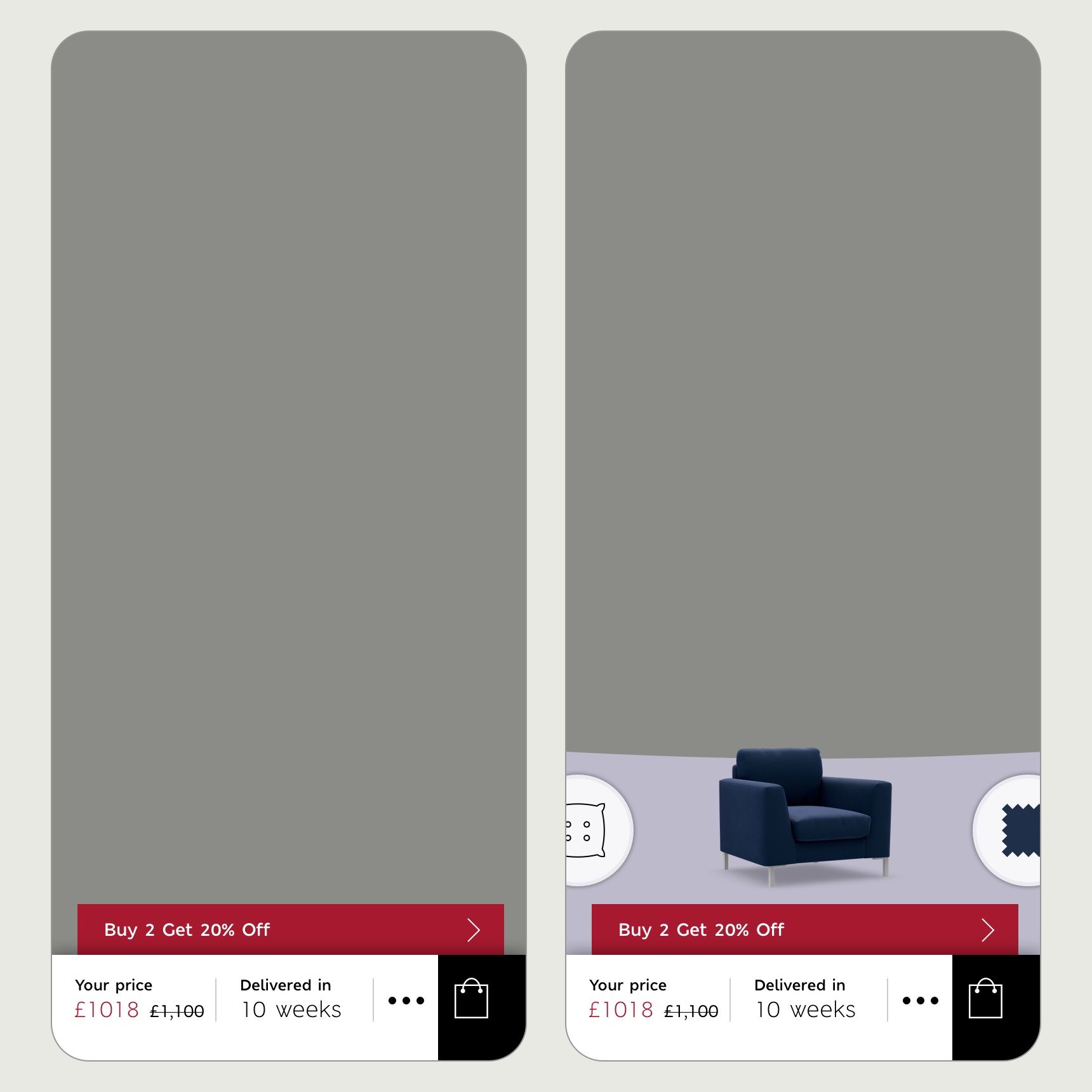 The price and delivery bar and the preview panel on two phone screens