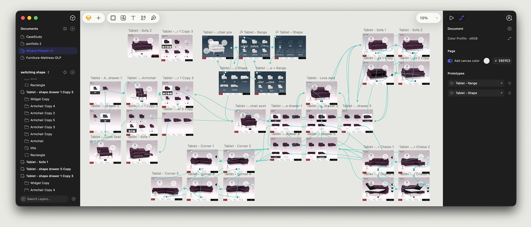 The range finder flow mapped out across screens in a design tool