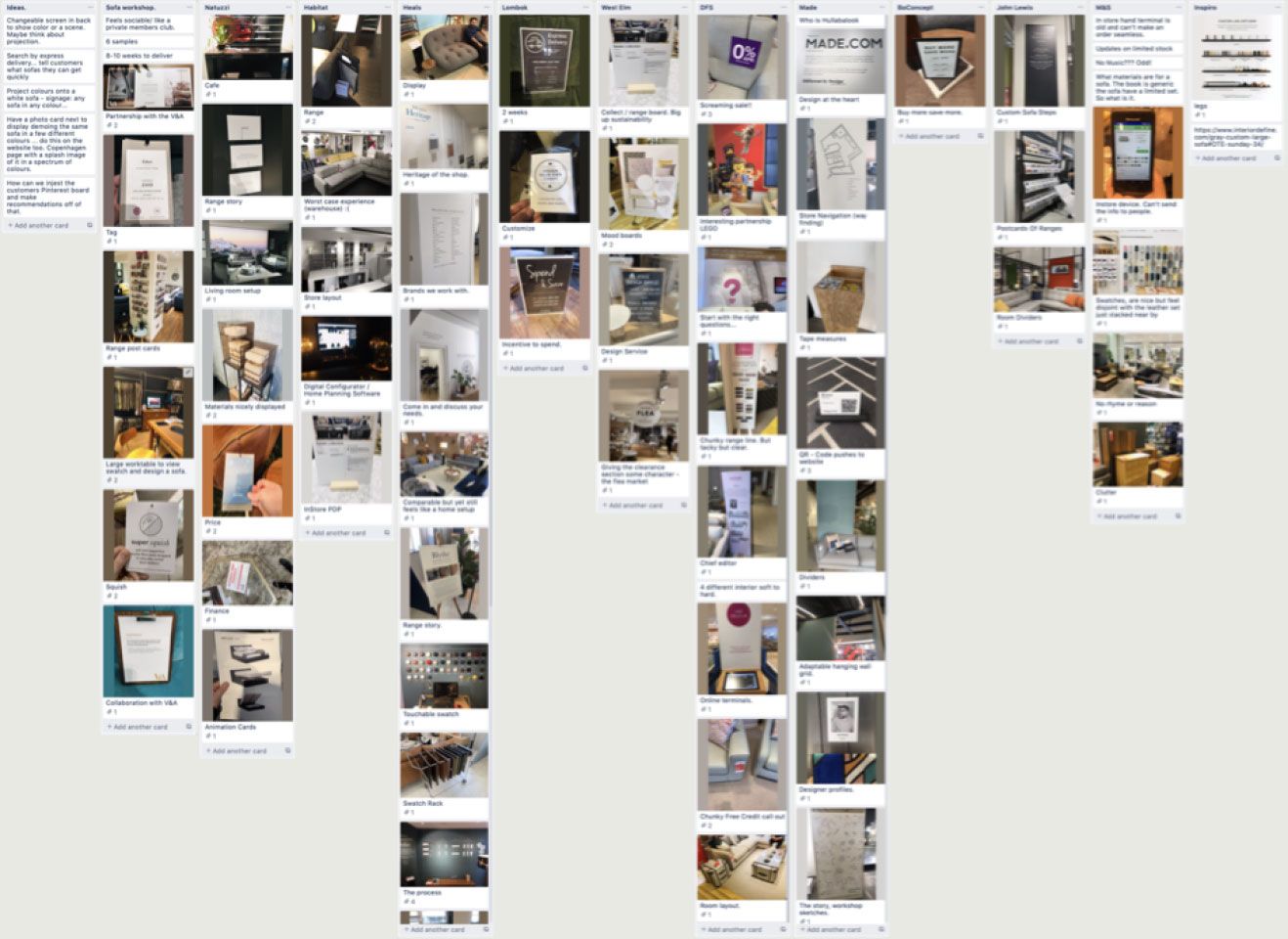 A Trello board of furniture product photos used to track the range