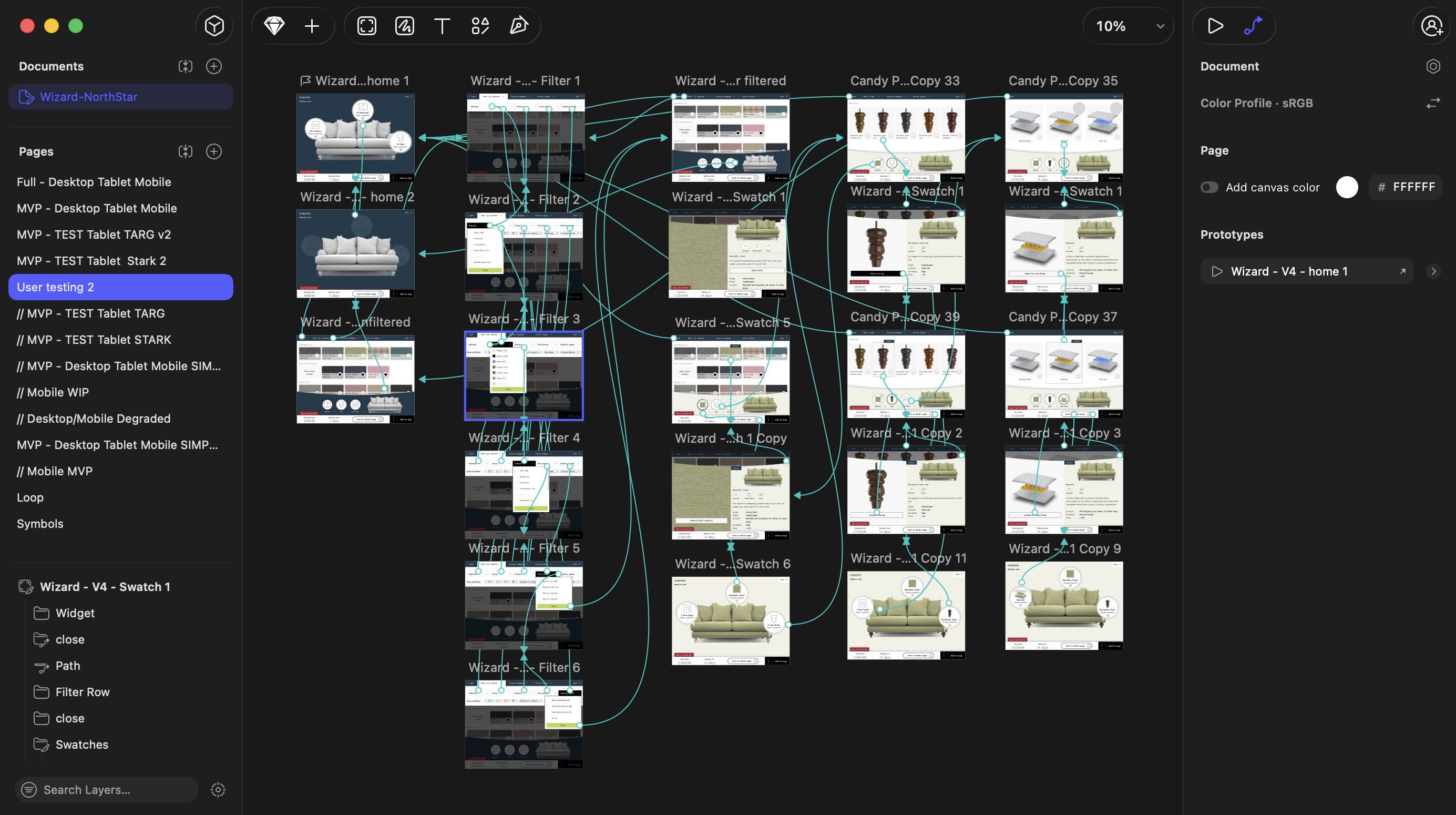 The user testing prototype in a design tool: the sofa builder wizard screens joined by arrows showing every path through the flow